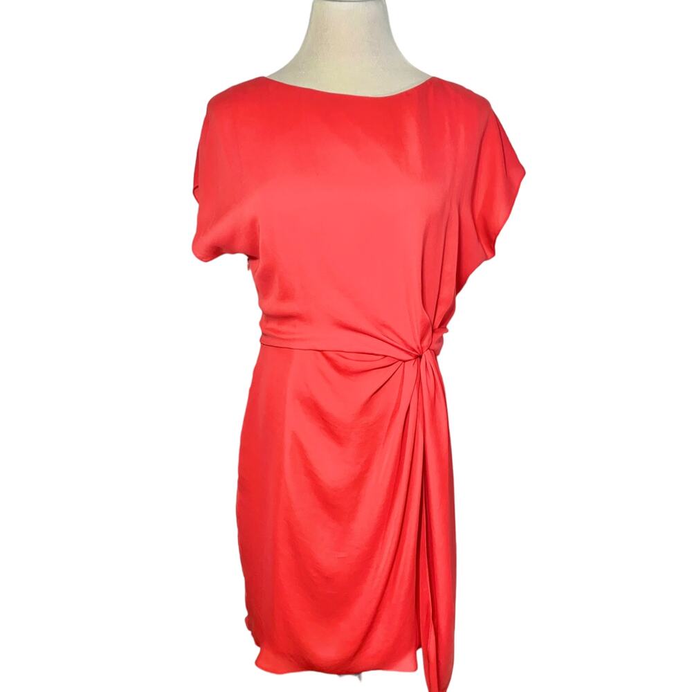 Halston Heritage Twist Front Boat Neck Drape Short Sleeve Dress Coral Red Small